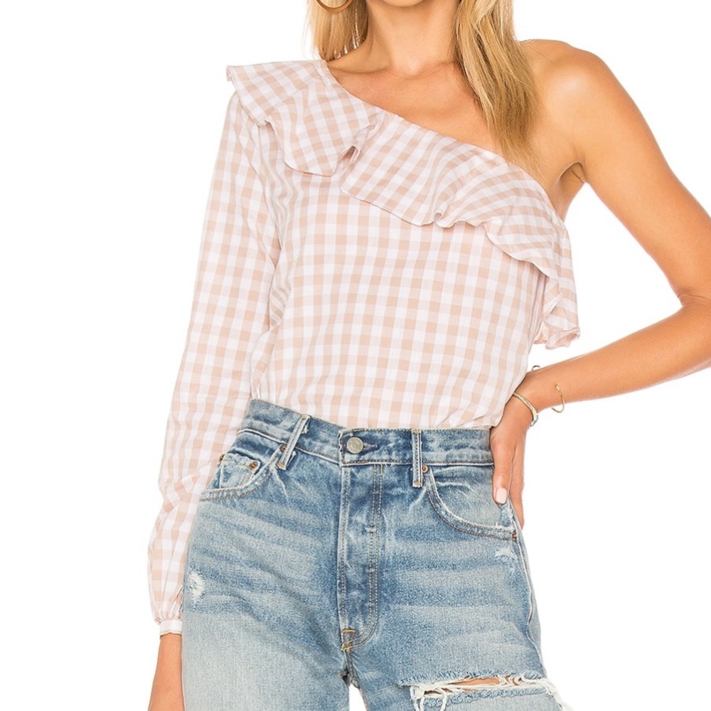 L’Academie Taupe Gingham Asymmetrical Blouse